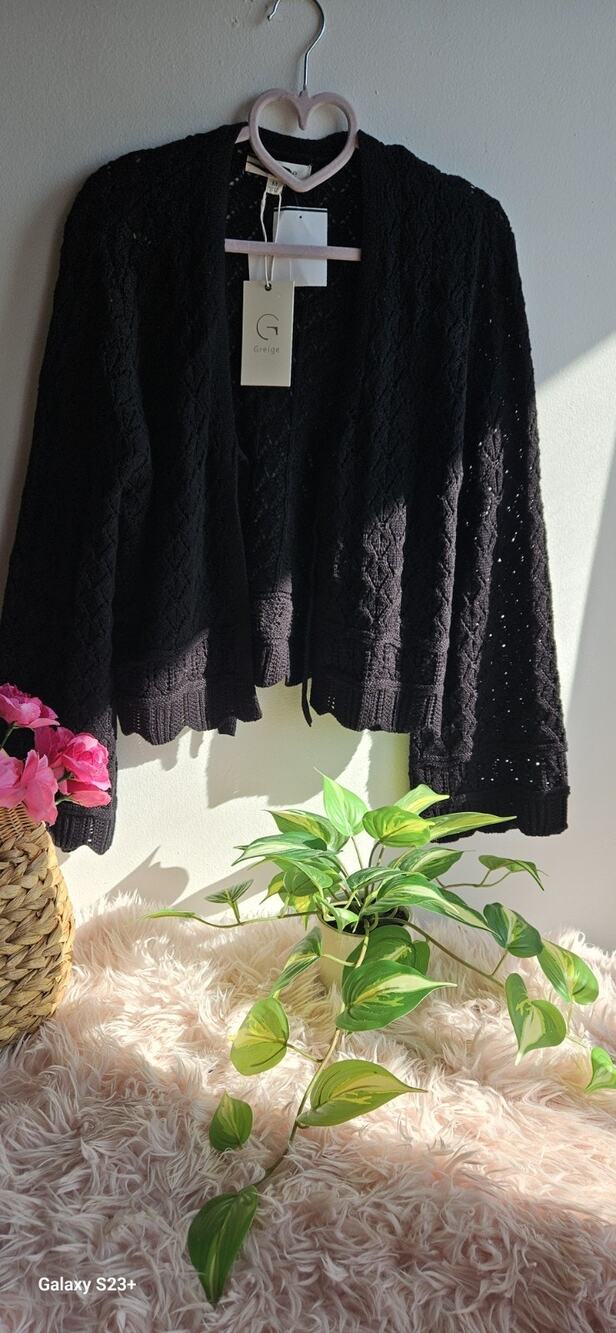 Women's Greige Black Fluffy Loose Sleeve Knit Bow Closure Sexy Cardigan Size M